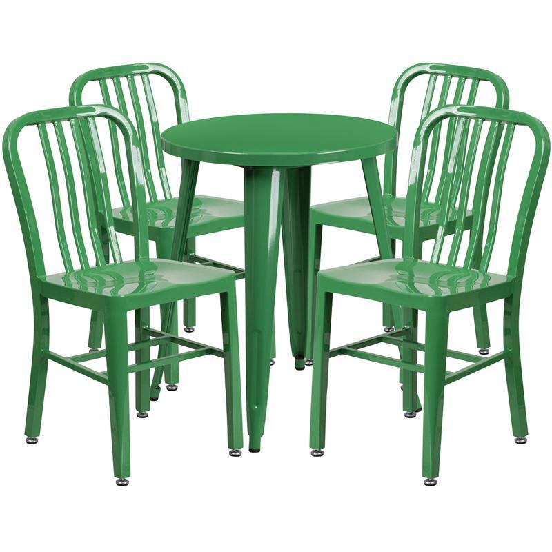 24'' Round Green Metal Indoor-Outdoor Table Set with 4 Vertical Slat Back Chairs