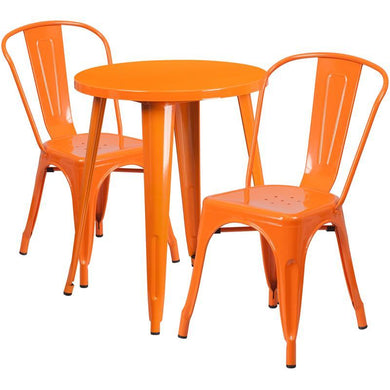 24'' Round Orange Metal Indoor-Outdoor Table Set with 2 Cafe Chairs