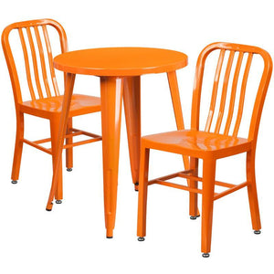 24'' Round Orange Metal Indoor-Outdoor Table Set with 2 Vertical Slat Back Chairs