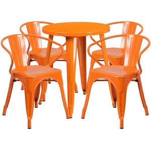 24'' Round Orange Metal Indoor-Outdoor Table Set with 4 Arm Chairs