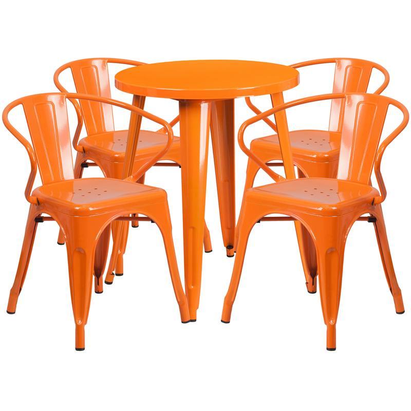 24'' Round Orange Metal Indoor-Outdoor Table Set with 4 Arm Chairs