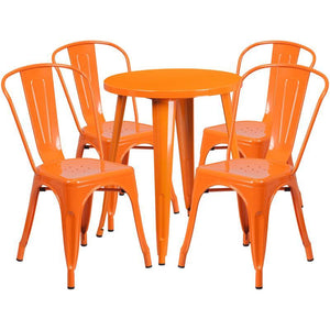 24'' Round Orange Metal Indoor-Outdoor Table Set with 4 Cafe Chairs