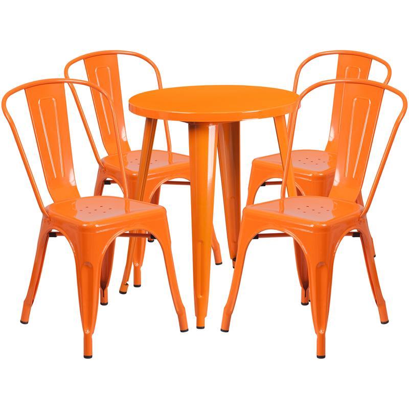 24'' Round Orange Metal Indoor-Outdoor Table Set with 4 Cafe Chairs
