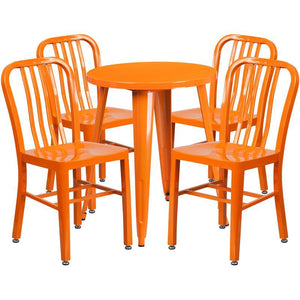 24'' Round Orange Metal Indoor-Outdoor Table Set with 4 Vertical Slat Back Chairs