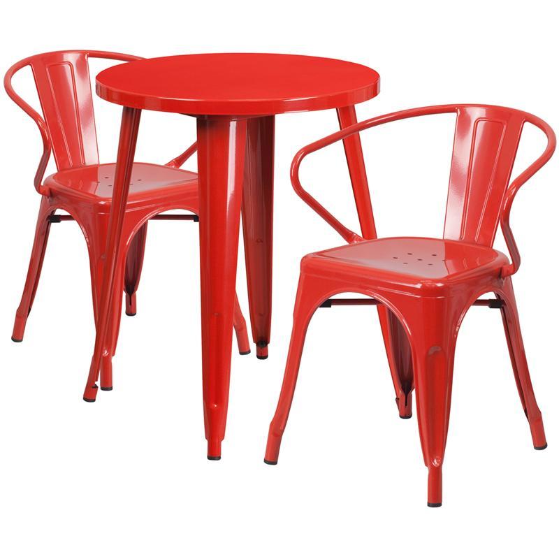 24'' Round Red Metal Indoor-Outdoor Table Set with 2 Arm Chairs