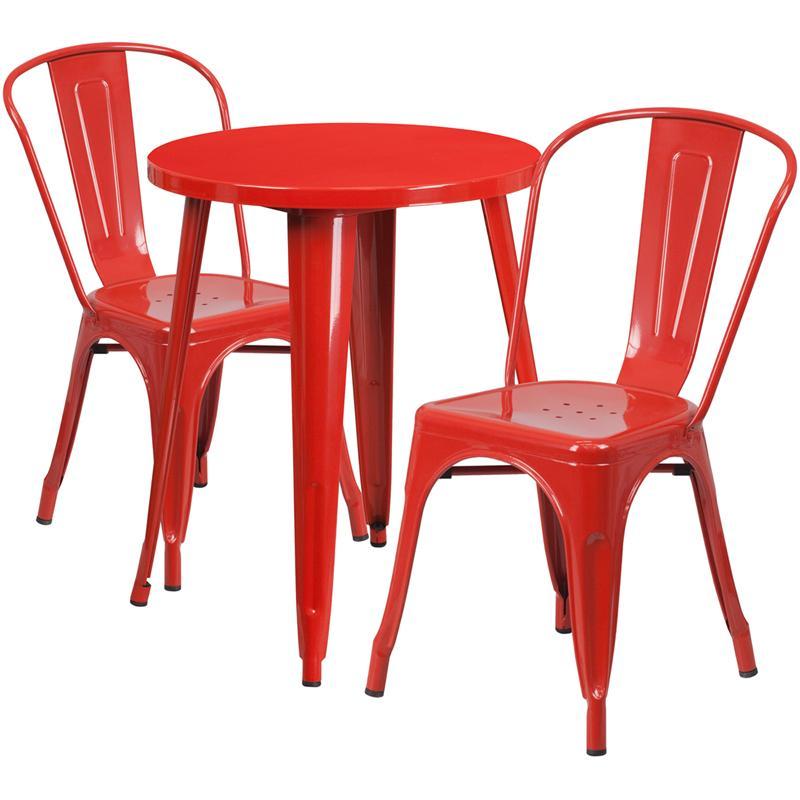 24'' Round Red Metal Indoor-Outdoor Table Set with 2 Cafe Chairs