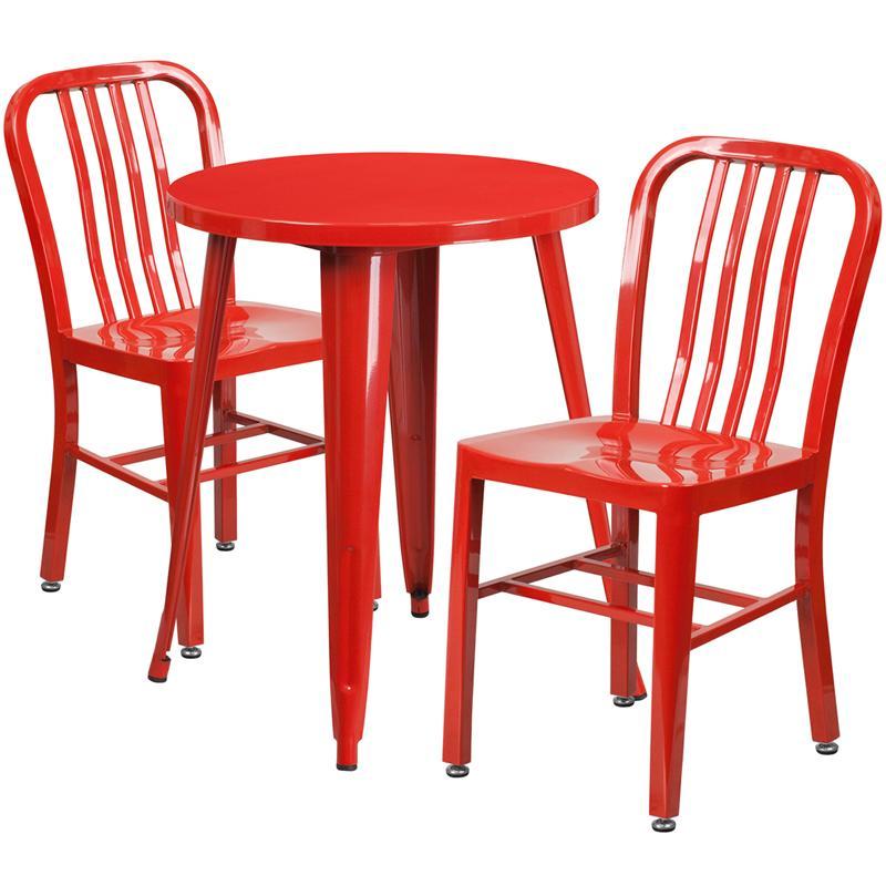 24'' Round Red Metal Indoor-Outdoor Table Set with 2 Vertical Slat Back Chairs