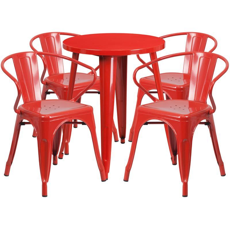 24'' Round Red Metal Indoor-Outdoor Table Set with 4 Arm Chairs