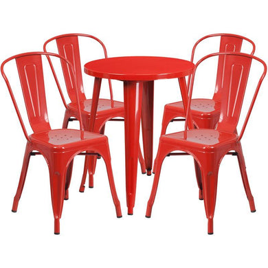 24'' Round Red Metal Indoor-Outdoor Table Set with 4 Cafe Chairs