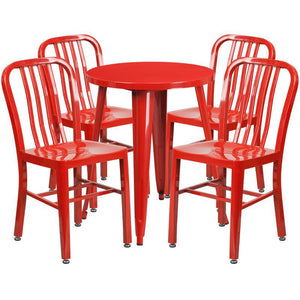 24'' Round Red Metal Indoor-Outdoor Table Set with 4 Vertical Slat Back Chairs