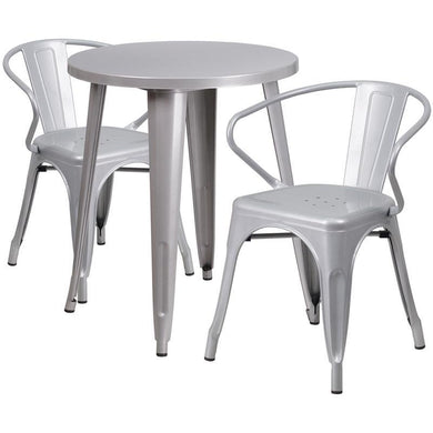24'' Round Silver Metal Indoor-Outdoor Table Set with 2 Arm Chairs