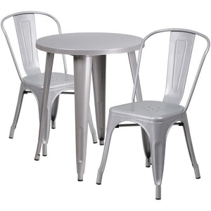 24'' Round Silver Metal Indoor-Outdoor Table Set with 2 Cafe Chairs