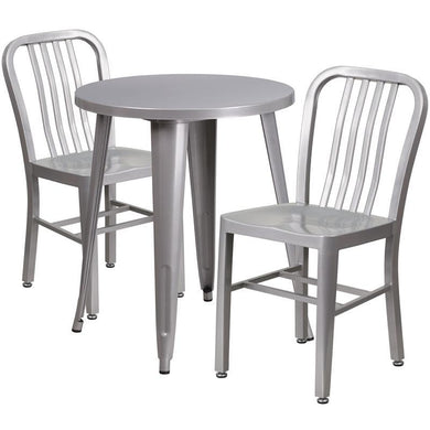 24'' Round Silver Metal Indoor-Outdoor Table Set with 2 Vertical Slat Back Chairs