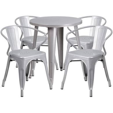 24'' Round Silver Metal Indoor-Outdoor Table Set with 4 Arm Chairs