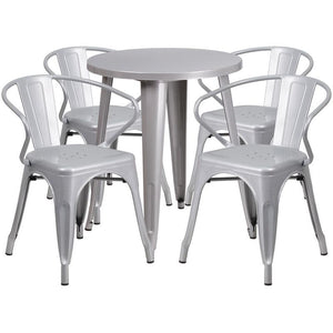 24'' Round Silver Metal Indoor-Outdoor Table Set with 4 Arm Chairs
