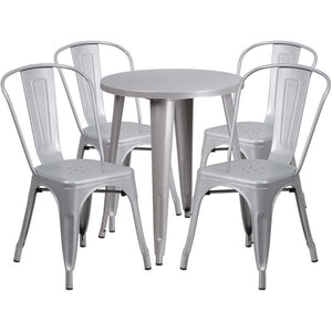 24'' Round Silver Metal Indoor-Outdoor Table Set with 4 Cafe Chairs