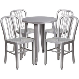 24'' Round Silver Metal Indoor-Outdoor Table Set with 4 Vertical Slat Back Chairs