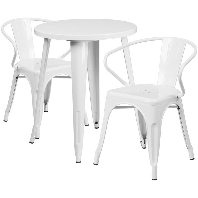24'' Round White Metal Indoor-Outdoor Table Set with 2 Arm Chairs
