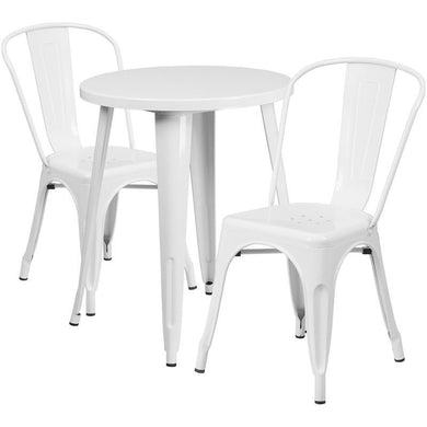 24'' Round White Metal Indoor-Outdoor Table Set with 2 Cafe Chairs
