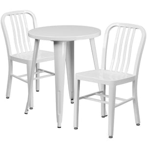 24'' Round White Metal Indoor-Outdoor Table Set with 2 Vertical Slat Back Chairs