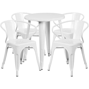24'' Round White Metal Indoor-Outdoor Table Set with 4 Arm Chairs