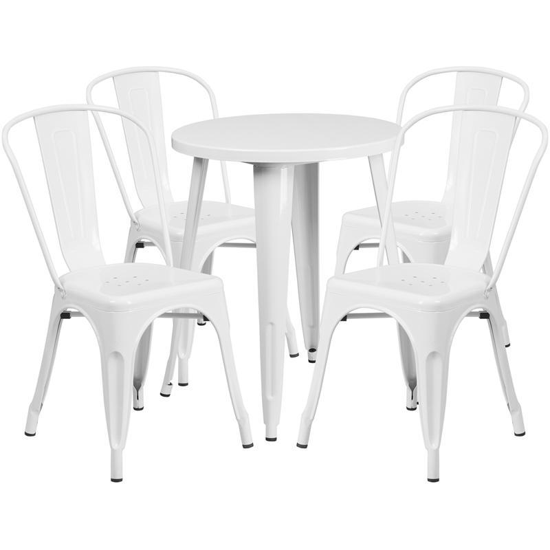 24'' Round White Metal Indoor-Outdoor Table Set with 4 Cafe Chairs