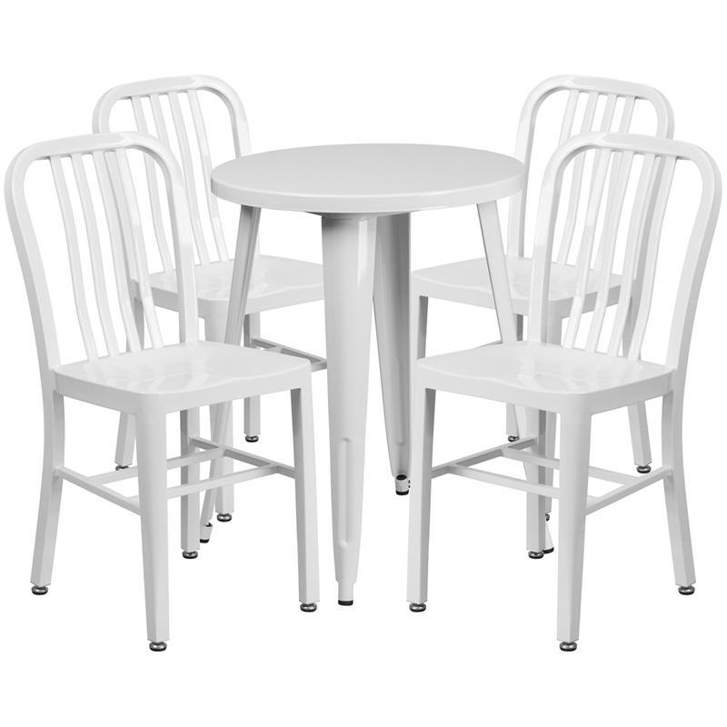 24'' Round White Metal Indoor-Outdoor Table Set with 4 Vertical Slat Back Chairs
