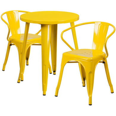 24'' Round Yellow Metal Indoor-Outdoor Table Set with 2 Arm Chairs