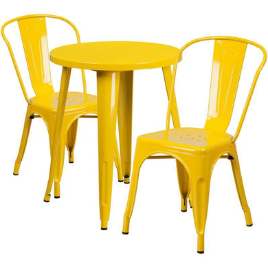24'' Round Yellow Metal Indoor-Outdoor Table Set with 2 Cafe Chairs
