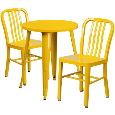 24'' Round Yellow Metal Indoor-Outdoor Table Set with 2 Vertical Slat Back Chairs