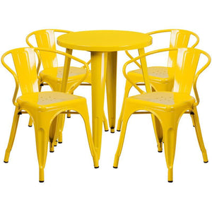 24'' Round Yellow Metal Indoor-Outdoor Table Set with 4 Arm Chairs