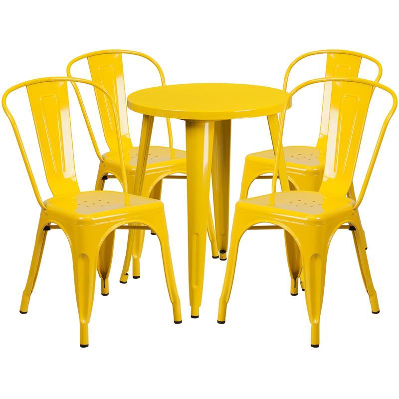 24'' Round Yellow Metal Indoor-Outdoor Table Set with 4 Cafe Chairs