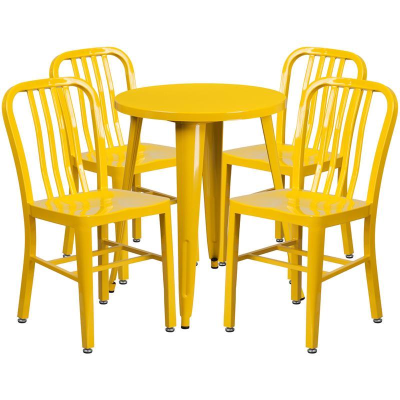 24'' Round Yellow Metal Indoor-Outdoor Table Set with 4 Vertical Slat Back Chairs
