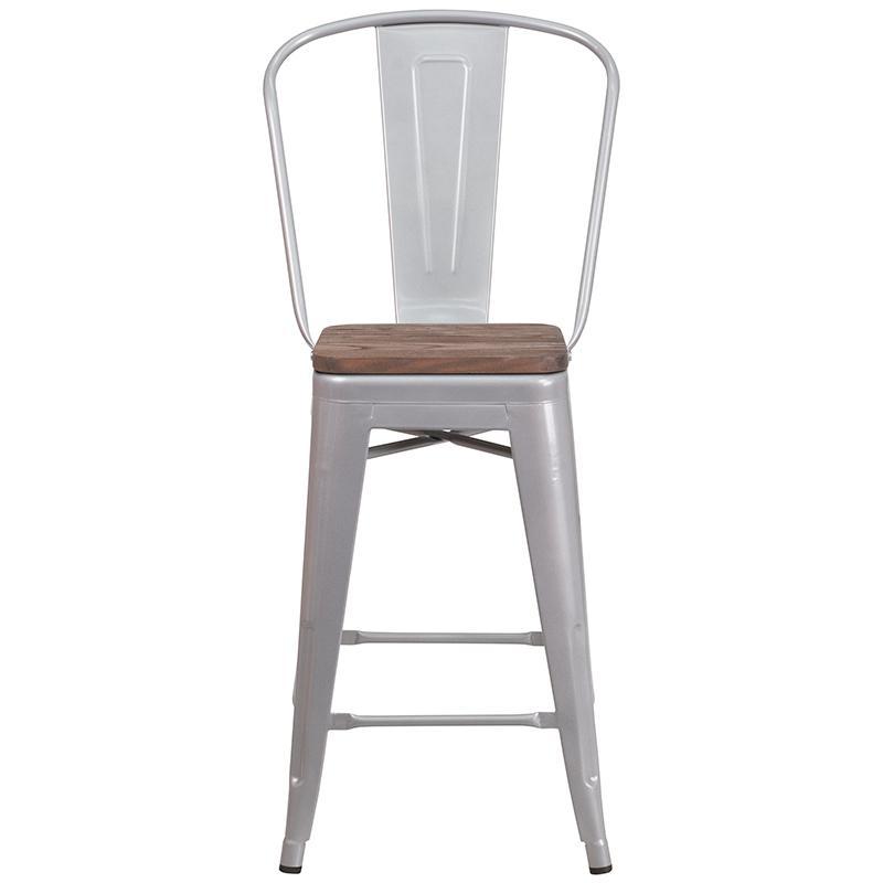 24"Height Stool with Back and Wood Seat