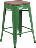24" High Backless Green Metal Counter Height Stool with Square Wood Seat