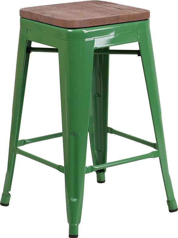 24" High Backless Green Metal Counter Height Stool with Square Wood Seat
