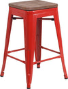 24" High Backless Red Metal Counter Height Stool with Square Wood Seat