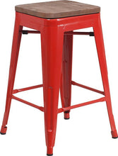 Load image into Gallery viewer, 24&quot; High Backless Red Metal Counter Height Stool with Square Wood Seat