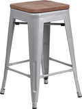 24" High Backless Silver Metal Counter Height Stool with Square Wood Seat