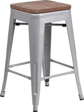 Load image into Gallery viewer, 24&quot; High Backless Silver Metal Counter Height Stool with Square Wood Seat