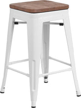 Load image into Gallery viewer, 24&quot; High Backless White Metal Counter Height Stool with Square Wood Seat