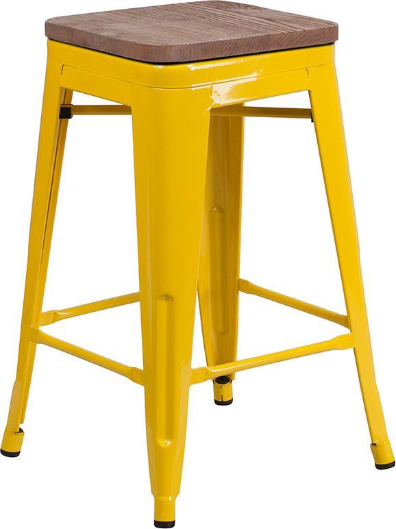 24" High Backless Yellow Metal Counter Height Stool with Square Wood Seat