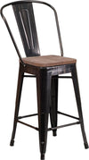 24" High Black-Antique Gold Metal Counter Height Stool with Back and Wood Seat