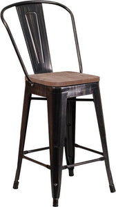 24" High Black-Antique Gold Metal Counter Height Stool with Back and Wood Seat