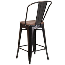 Load image into Gallery viewer, 24&quot; High Black-Antique Gold Metal Counter Height Stool with wood seat