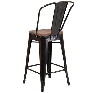 24" High Black-Antique Gold Metal Counter Height Stool with wood seat