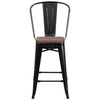 24" High Black-Antique Gold Metal Counter Height Stool with wood seat & back