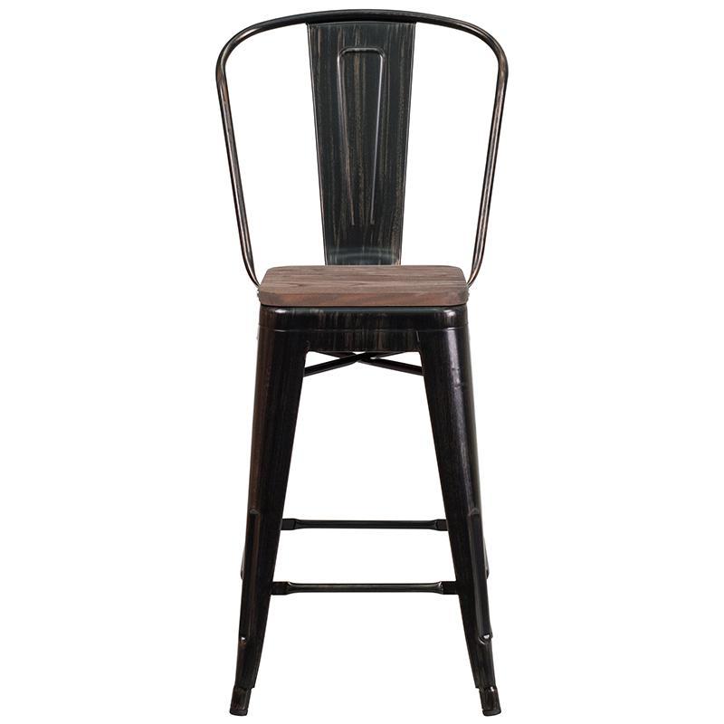 24" High Black-Antique Gold Metal Counter Height Stool with wood seat & back