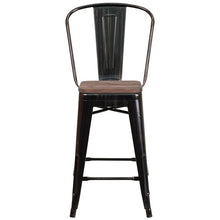 Load image into Gallery viewer, 24&quot; High Black-Antique Gold Metal Counter Height Stool with wood seat &amp; back
