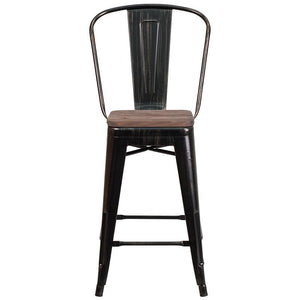 24" High Black-Antique Gold Metal Counter Height Stool with wood seat & back